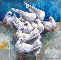 Iqbal Durrani, Afternoon Bask, 26 x 26 Inch, Oil on Canvas, Pigeon Painting, AC-IQD-214